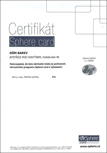 Certifikát SPHERE Card pro prodejnu DŮM BAREV Bystřice p. H.