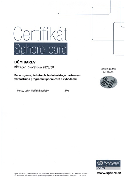 Certifikát SPHERE Card pro prodejnu DŮM BAREV Přerov