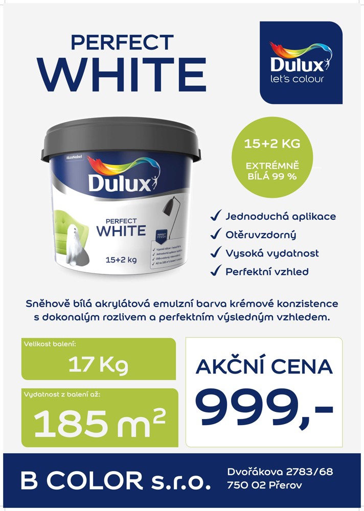 Malířský nátěr Dulux Perfect White 15+2 kg za akční cenu 999,-